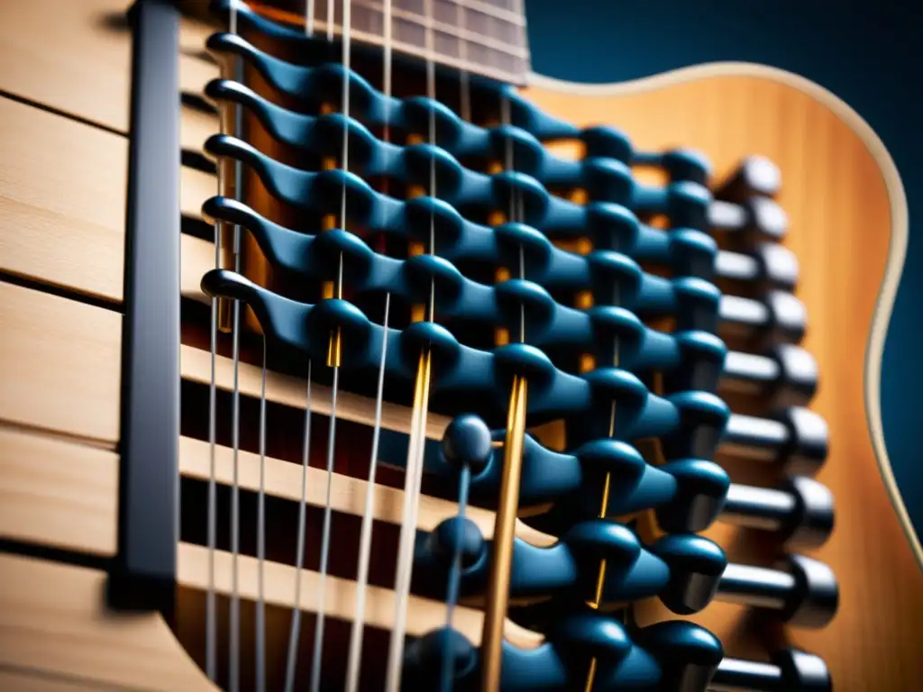 Detallada imagen de micrófono captando ondas sonoras de guitarra acústica en grabación 3D