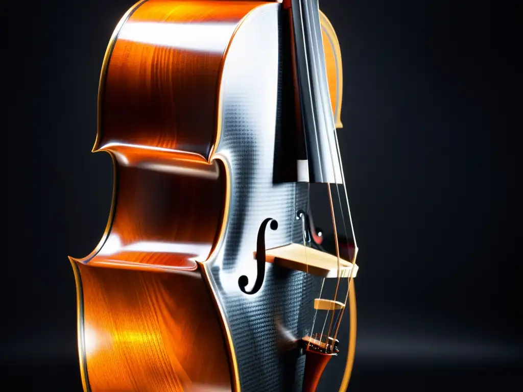 Detallada imagen de un moderno violonchelo de fibra de carbono en un elegante fondo oscuro, resaltando su diseño futurista