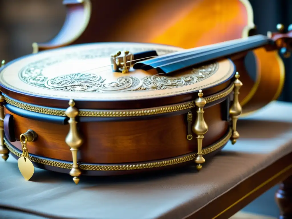 Detallada imagen de un Musette barroco francés, con diseño ornamentado y cálido acabado de madera, evocando el sonido distintivo del barroco francés