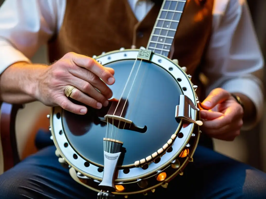 Detallada imagen de un músico de bluegrass tocando el banjo, destacando la destreza y expresión