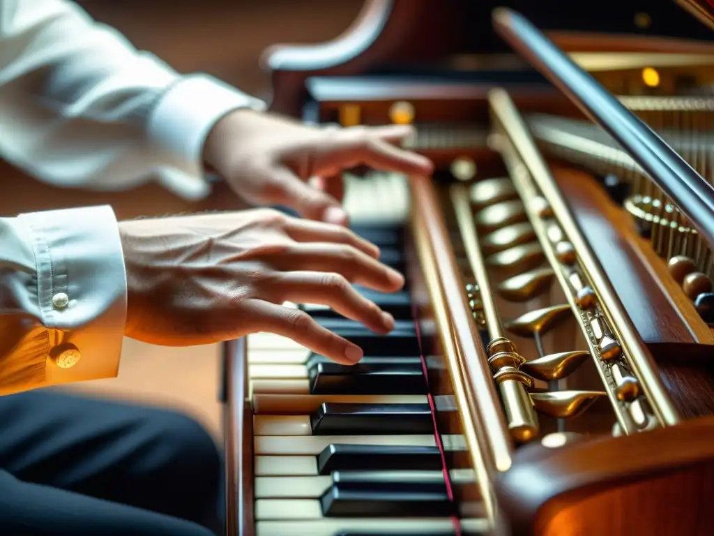 Detallada imagen 8k de músico interpretando música barroca en clavicémbalo, con iluminación cálida y elegancia atemporal