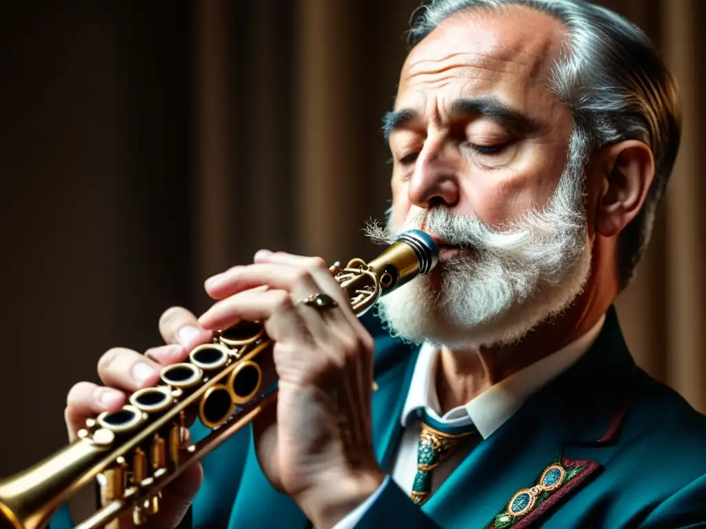 Detallada imagen 8k de músico tocando instrumento de viento en música klezmer