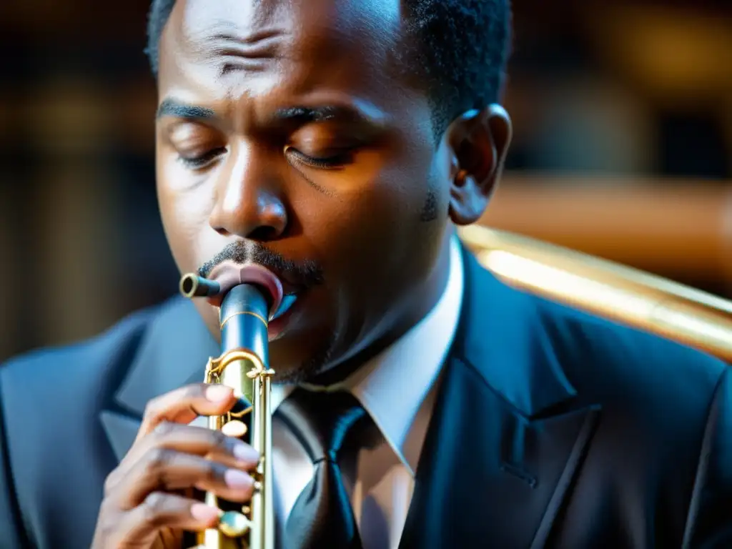 Detallada imagen de músico tocando instrumento de viento, resaltando la importancia de la lengua en la producción musical