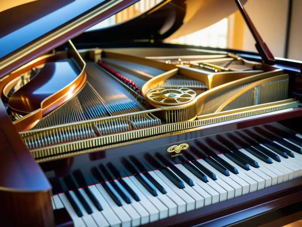 Detallada imagen de un piano de cola con el mecanismo interno y cuerdas, iluminado suavemente