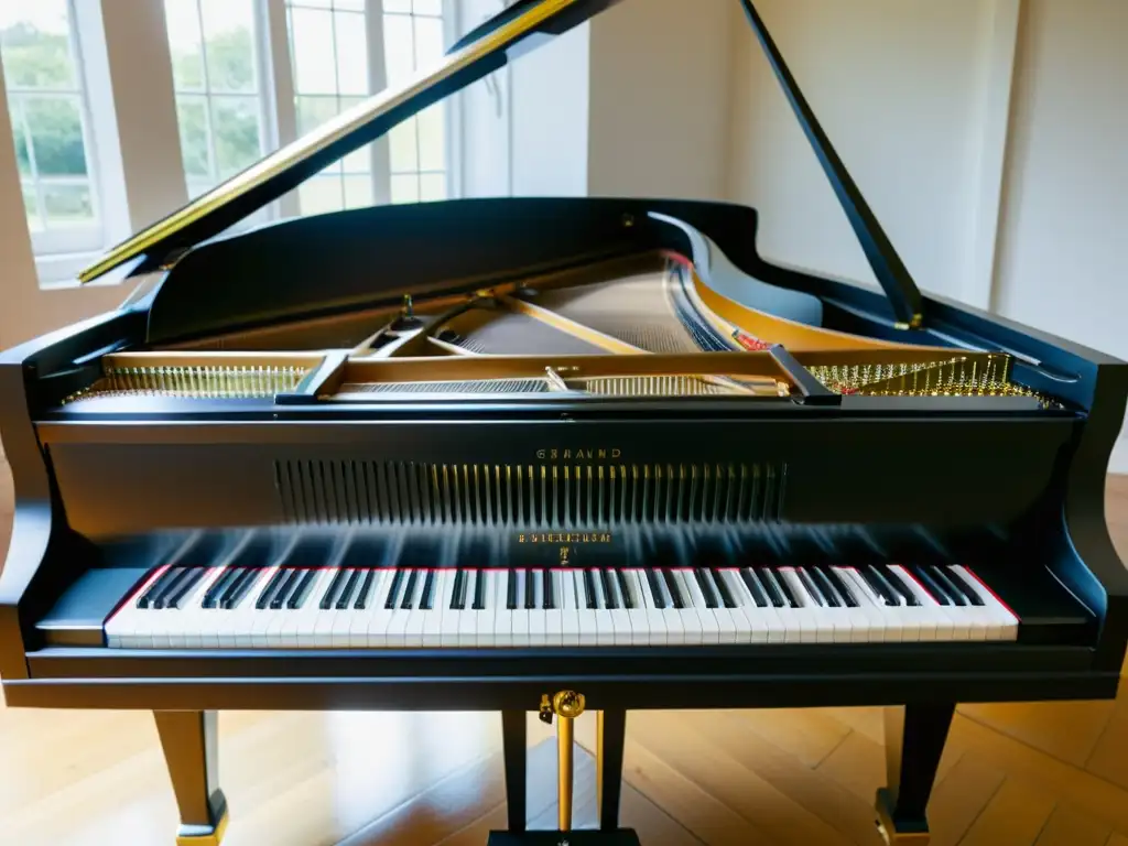 Detallada imagen de un piano preparado para experimentación sonora, con objetos entre las cuerdas