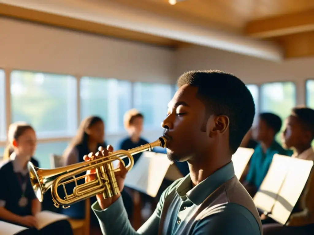 Una detallada imagen de un profesor de música enseñando técnicas de viento a estudiantes en un aula bien iluminada