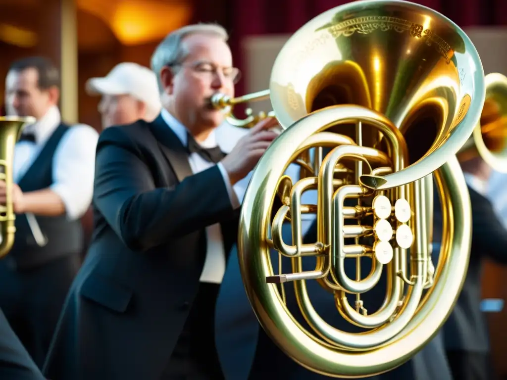 Detallada imagen de una reluciente tuba de latón, con grabados intrincados y artesanía detallada