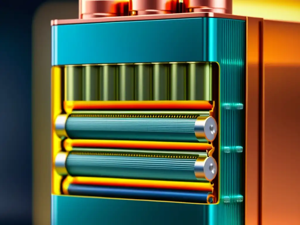 Detallada imagen de una sección transversal de una batería de iones de litio, resaltando sus capas y componentes
