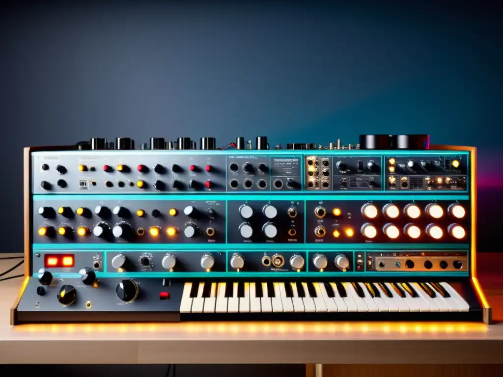 Detallada imagen de un setup de sintetizador modular con intrincados componentes electrónicos, ideal para principiantes en modular synthesis