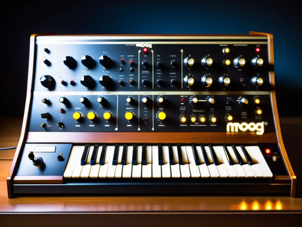 Detallada imagen de un sintetizador Moog vintage, destacando su icónica estética retrofuturista, historia y sonido único