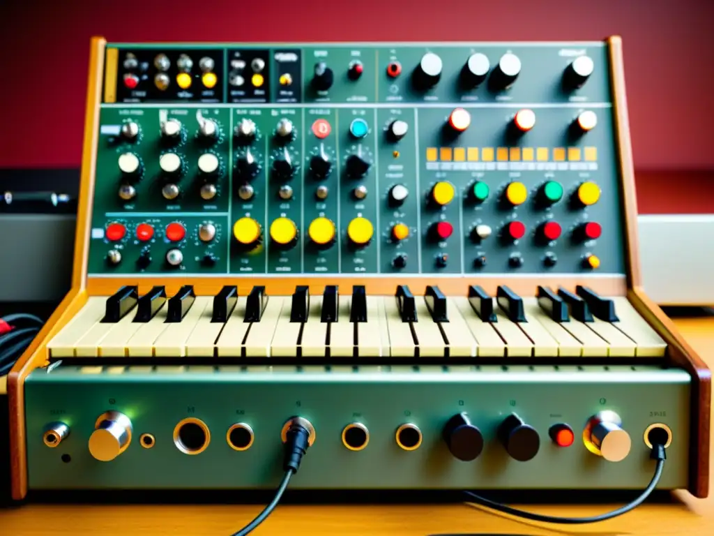 Detallada imagen de un sintetizador modular vintage, mostrando su intrincado diseño y la creación de sonidos