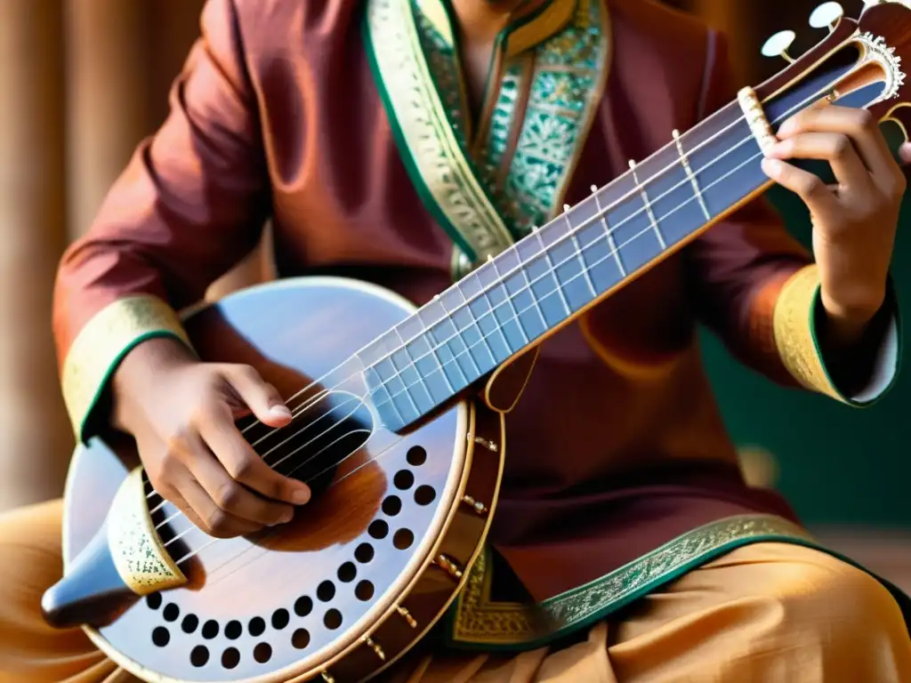 Detallada imagen de un sitar tradicional de la India, con patrones esculpidos y cuerdas resonantes, produciendo timbres únicos