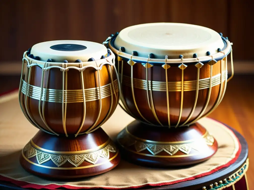 Detallada imagen de una tabla india, resaltando su artesanía y significado cultural en la música