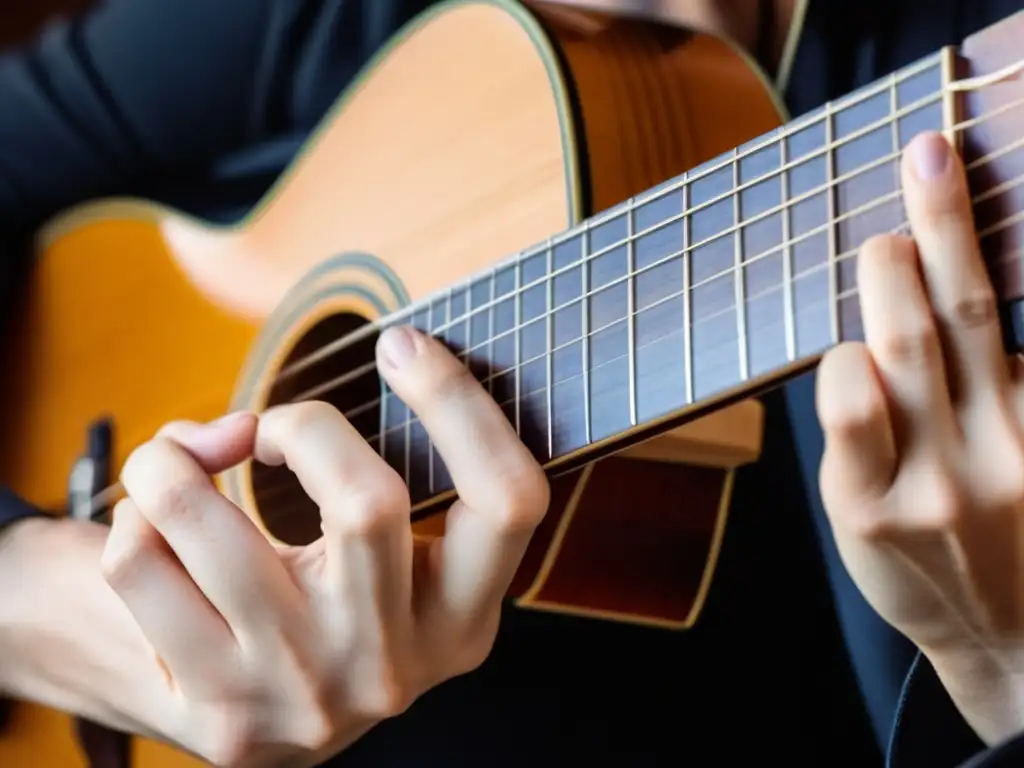 Detallada imagen de la técnica fingerstyle guitarra polifonía, mostrando la destreza del guitarrista al ejecutar acordes complejos y plucking preciso