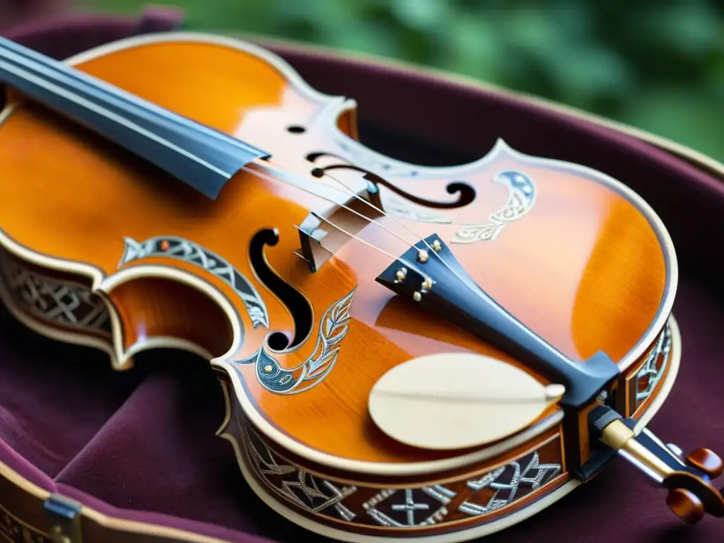 Detallada imagen de un Hardanger Fiddle tradicional, resaltando sus intrincados patrones tallados a mano