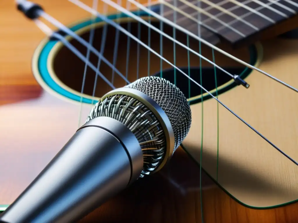 Detallada imagen de un transductor de micrófono captando las vibraciones de una cuerda de guitarra, mostrando la tecnología en instrumentos musicales