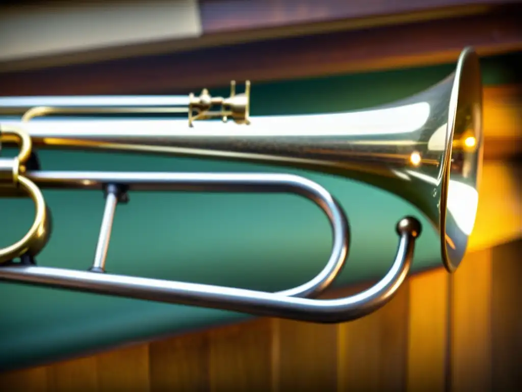 Detallada imagen de un trombón vintage con grabados intrincados, patina y desgaste, evocando la artesanía y la historia