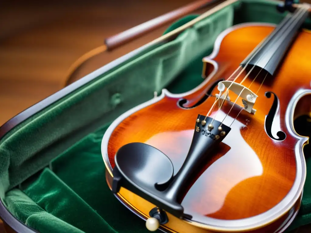 Detallada imagen de un violín reposando en un estuche de madera forrado de terciopelo, resaltando la importancia de soportes y estuches