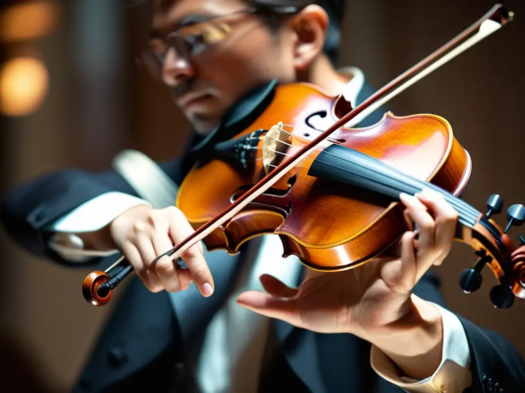 Detallada imagen de un hábil violinista tocando con maestría la técnica de acordes rasgados en un hermoso violín, iluminado con suave luz