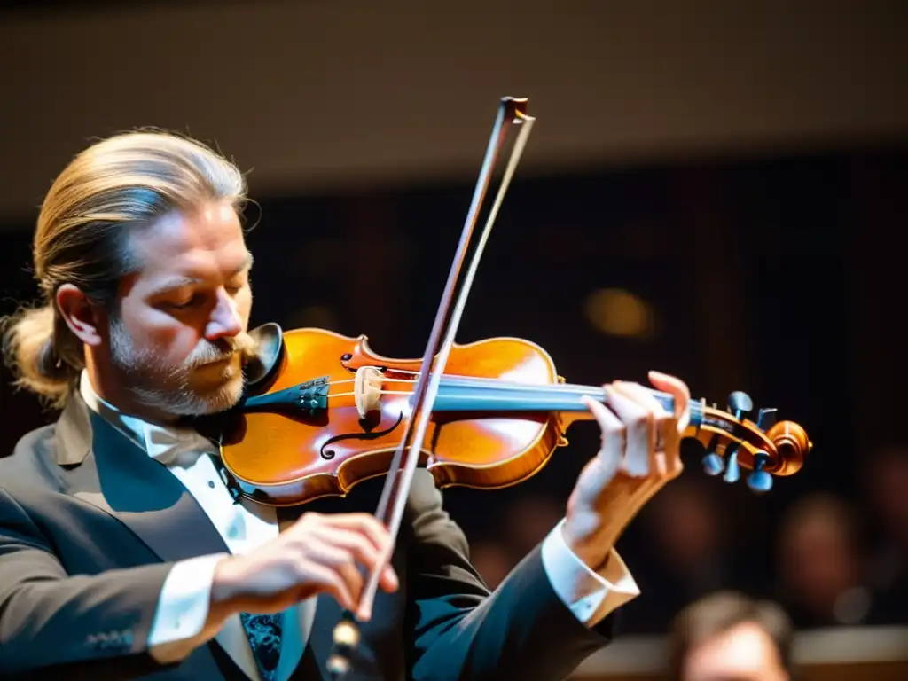 Detallada imagen de violinista ejecutando técnica spiccato, con movimientos precisos y expresivos en las cuerdas del violín