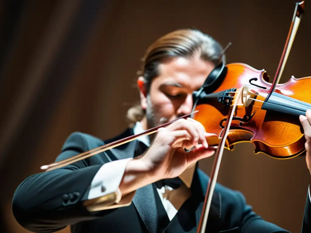 Detallada imagen de un violinista ejecutando la técnica de acordes rasgados en el violín, demostrando precisión y destreza