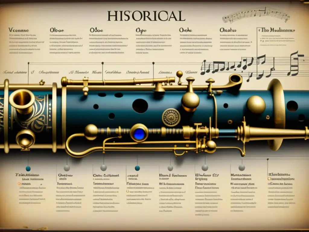 Detallada línea del tiempo de la evolución del oboe, desde la edad media hasta la versión moderna, con detalles artesanales y anotaciones educativas