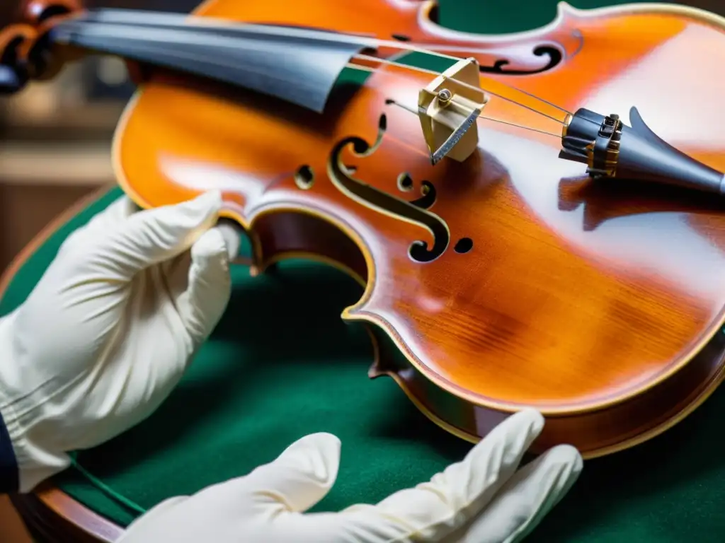 Detallada restauración de violín centenario con meticulosa conservación de la artesanía histórica y cuidado experto en cálidos tonos de madera