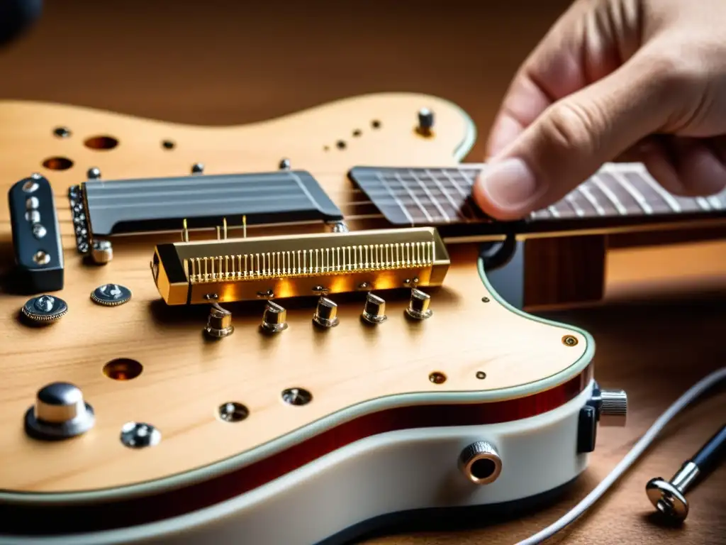 Detallada instalación de microchip en guitarra eléctrica, fusionando artesanía con tecnología