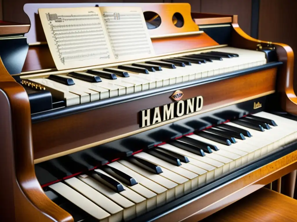 Una fotografía detallada de un órgano Hammond B3 vintage, mostrando su gabinete de madera, sus vibrantes registros y su icónico teclado doble