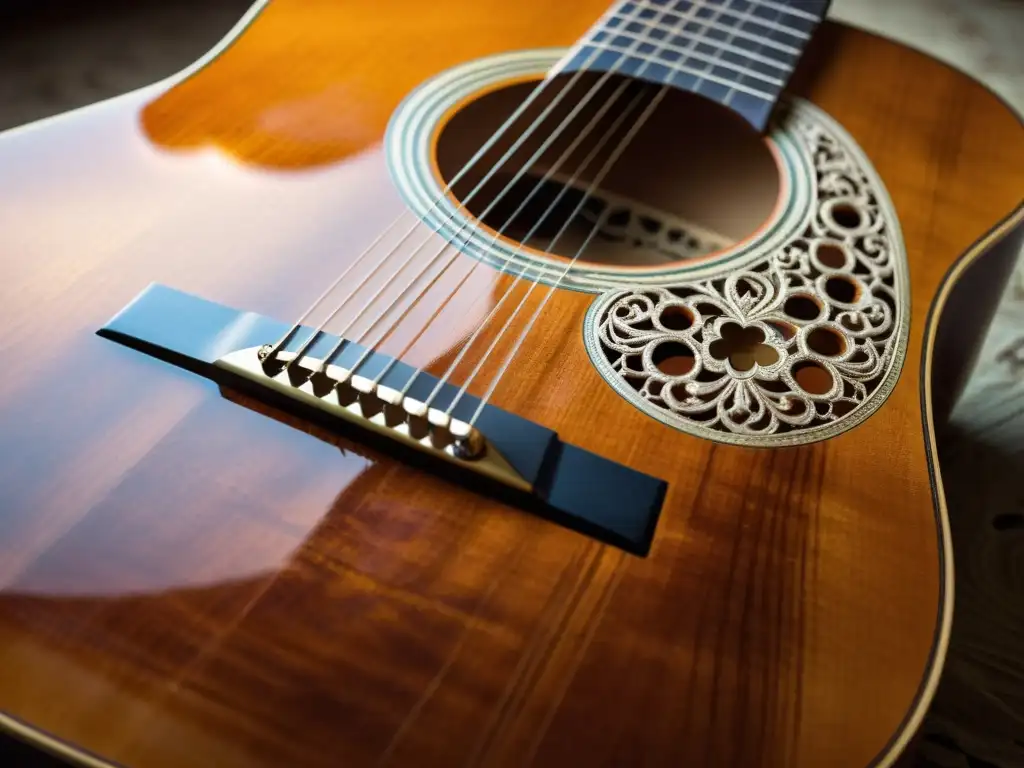 Detallada guitarra portuguesa en el cine, con historia y artesanía en su madera, cuerdas y grabados, iluminada por cálida luz