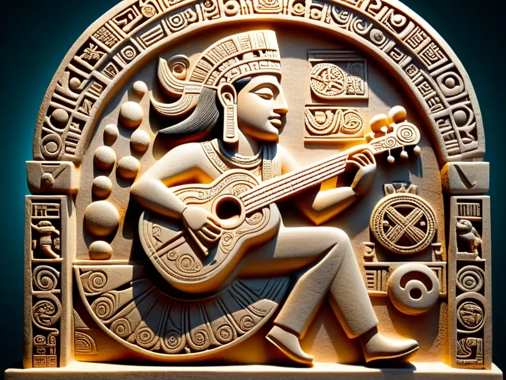 Detallada talla maya de un músico tocando el Arpa de boca, resaltando la historia y relevancia cultural del instrumento maya