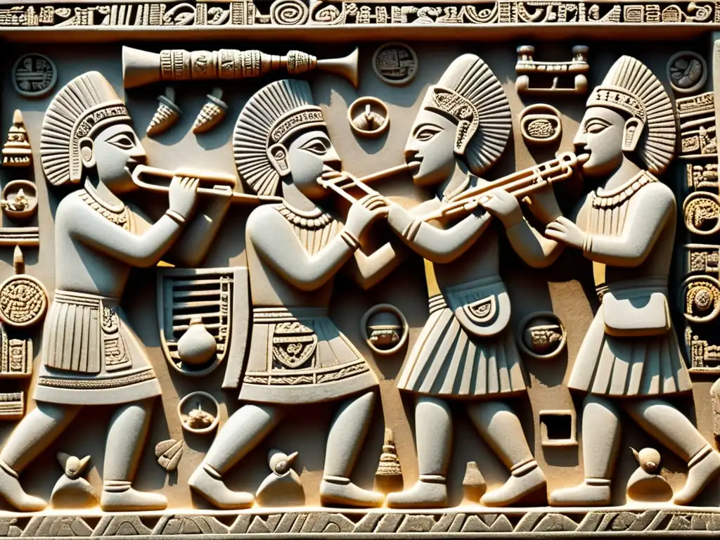 Detallada talla maya de músicos y antiguos instrumentos de percusión, reflejo de la historia del xilófono y sus parientes