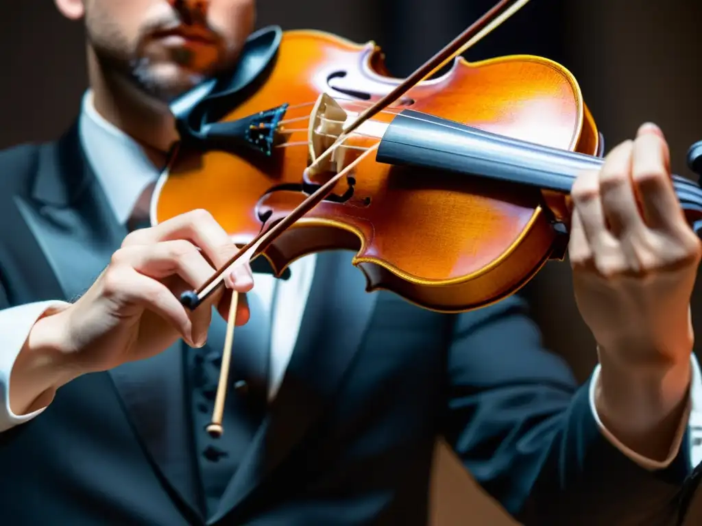 Mano de violinista ejecutando la técnica 'chop' con precisión y pasión Detallada técnica chop de violín capturando la destreza y tensión del músico en un ambiente de concierto