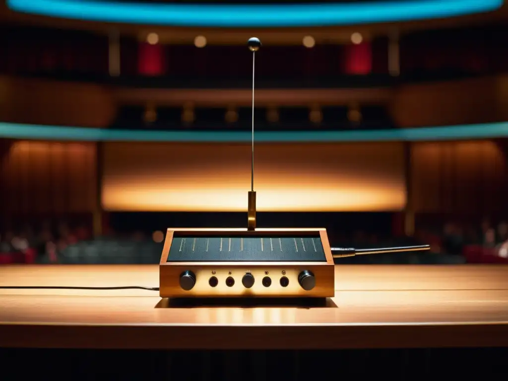 Una fotografía detallada de un Theremin en un escenario, resaltando su calidad única en la historia de instrumentos musicales experimentales