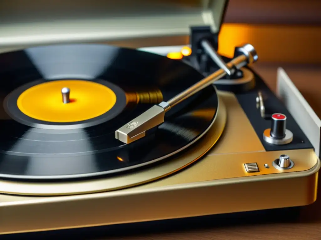 Una fotografía detallada de un tocadiscos vintage con la aguja reposando delicadamente en los surcos de un disco de vinilo