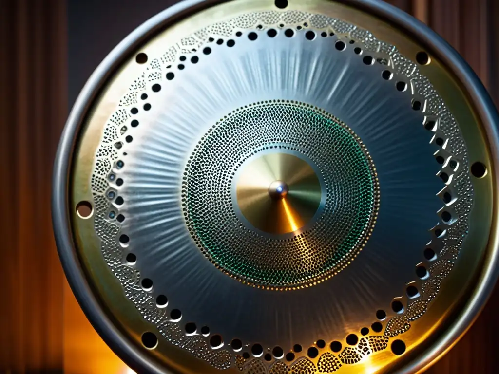 Detallado close-up de un hang drum, destacando su artesanía y el patrón hipnótico en la cavidad resonante