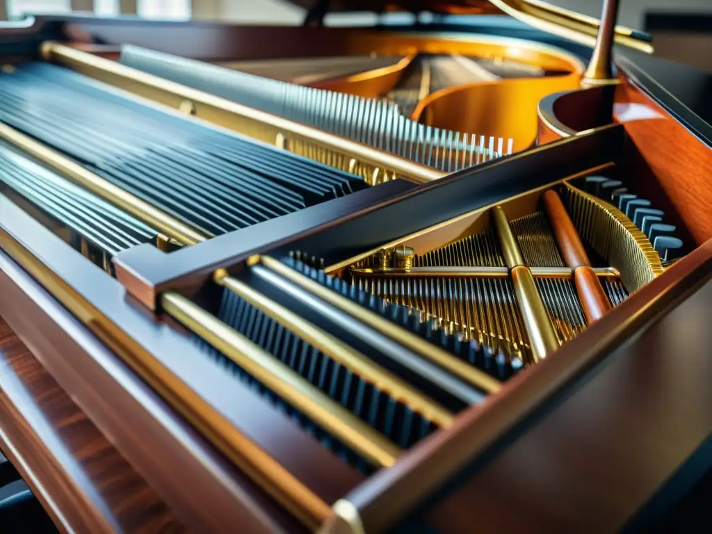 Close up detallado de las entrañas de un piano de cola, con hammers, cuerdas y dampers