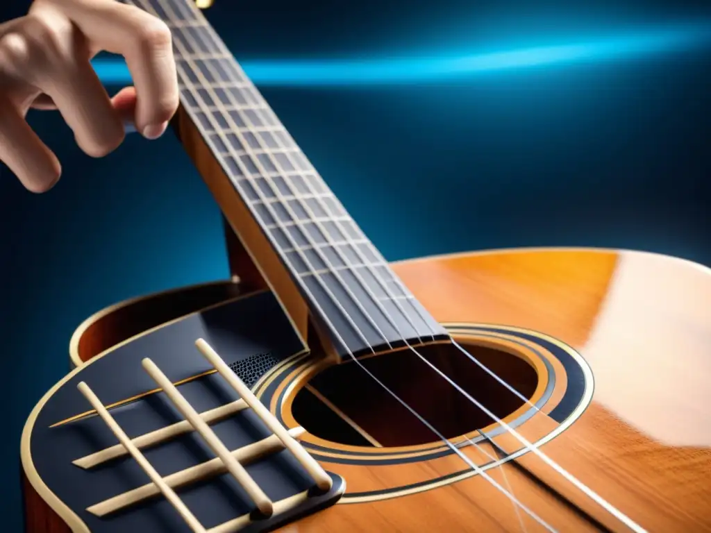 Un detallado equipo de grabación de sonido 3D capturando la guitarra con precisión