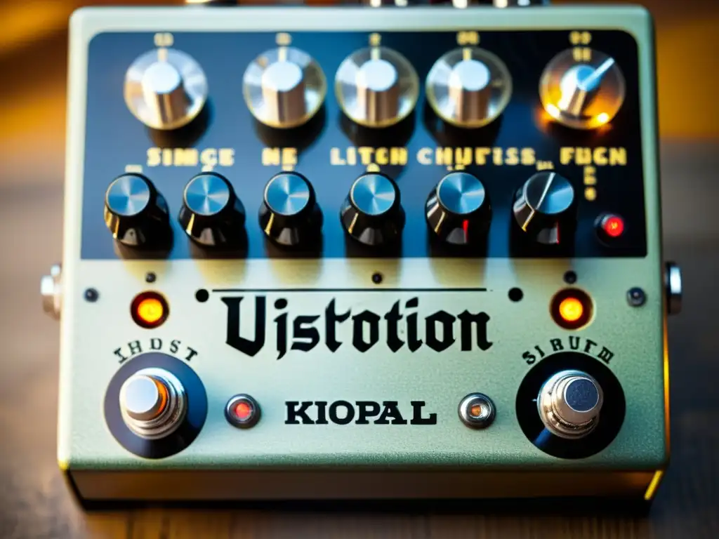 Detallado pedal de distorsión vintage, desgastado pero lleno de carácter