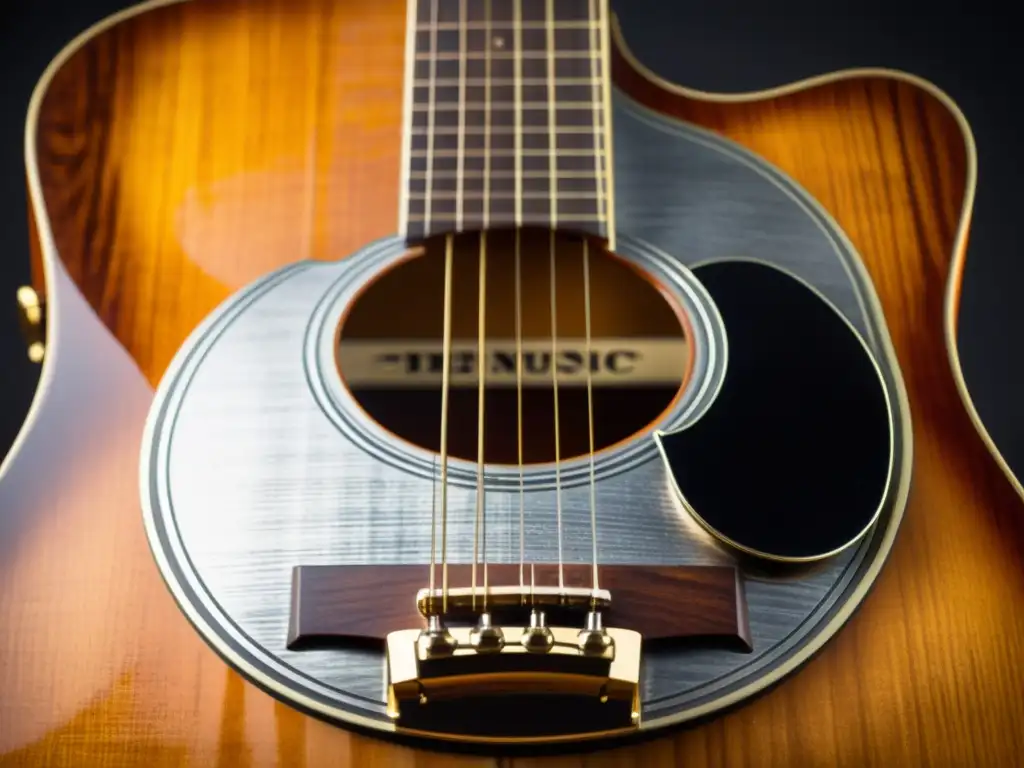 Detalle de guitarra acústica vintage con caja de resonancia en el Blues acústico, resaltando la pátina cálida y los detalles metálicos