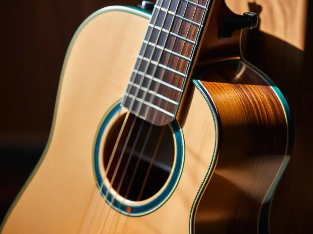 Detalle de guitarra acústica con micrófono, iluminado por luz natural