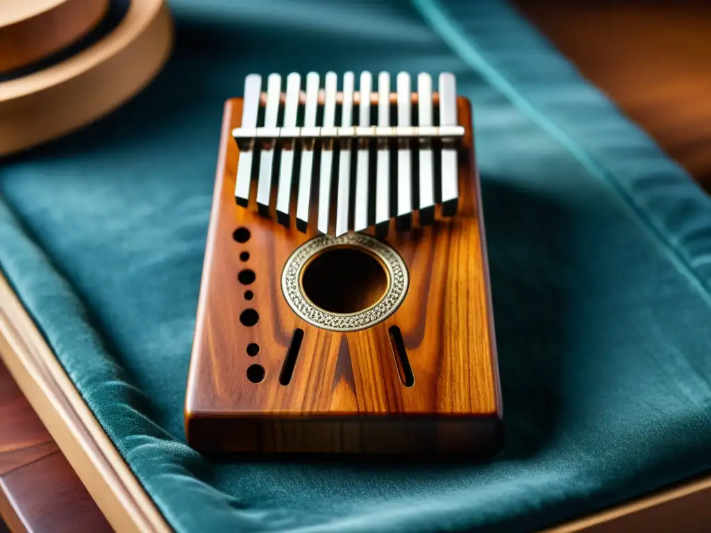 Detalle de una kalimba africana artesanal, resaltando sus texturas y tonos terrosos