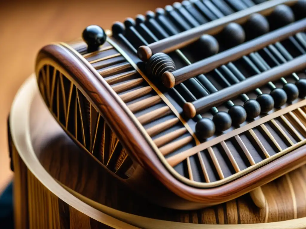 Detalle del Agidigbo: bajo lamelófono cultura Yoruba, resaltando sus intrincados detalles y texturas de madera, evocando tradición y herencia