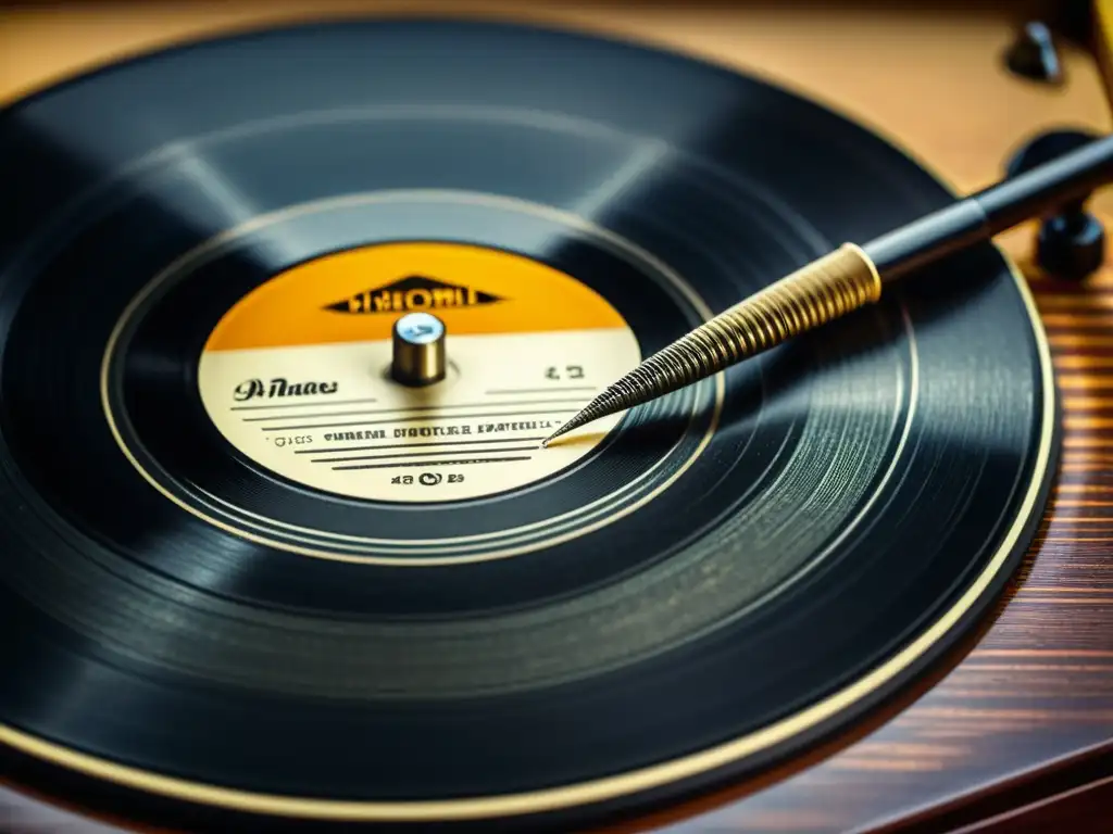Detalle de una aguja de gramófono recorriendo un disco de vinilo antiguo, capturando los sonidos y la historia musical