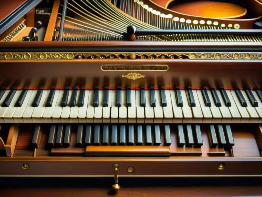 Detalle en alta resolución del interior de un antiguo spinet teclado pequeño, con patina en las cuerdas y teclas