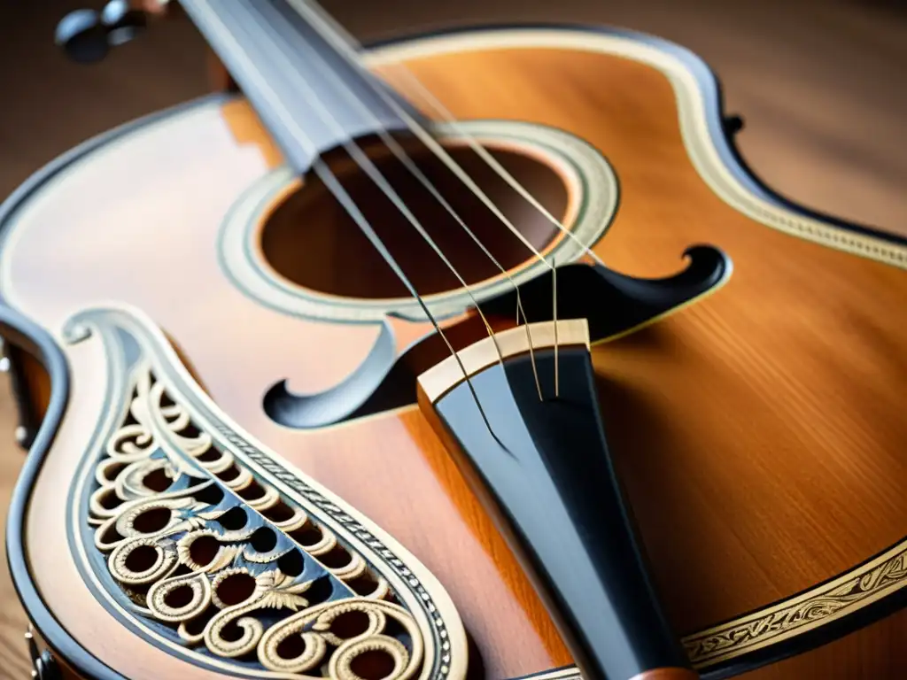 Detalle de la antigua Drehleier, instrumento musical de la historia alemana, resaltando su tallado en madera y cuerdas delicadas