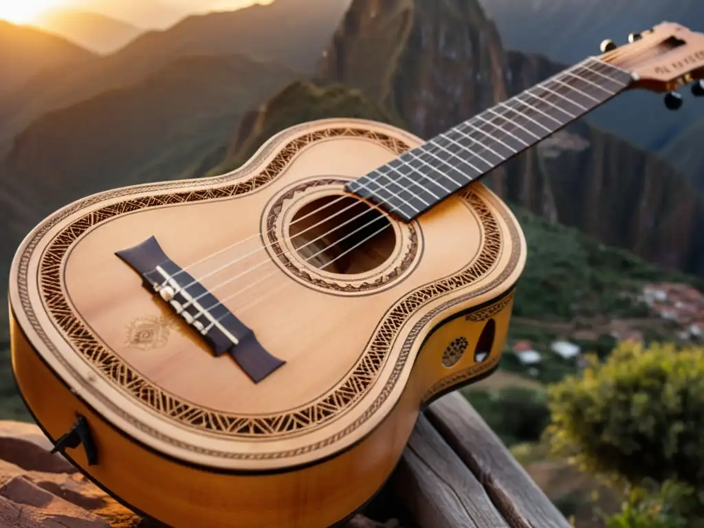 Detalle de un antiguo charango andino, con cuerdas desgastadas y cuerpo de madera tallada a mano