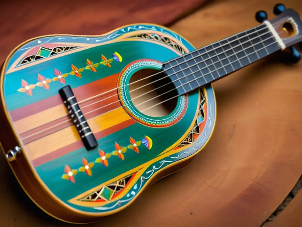 Detalle de un antiguo charango boliviano con intrincados diseños y rica pátina, evocando el riesgo del legado del charango boliviano