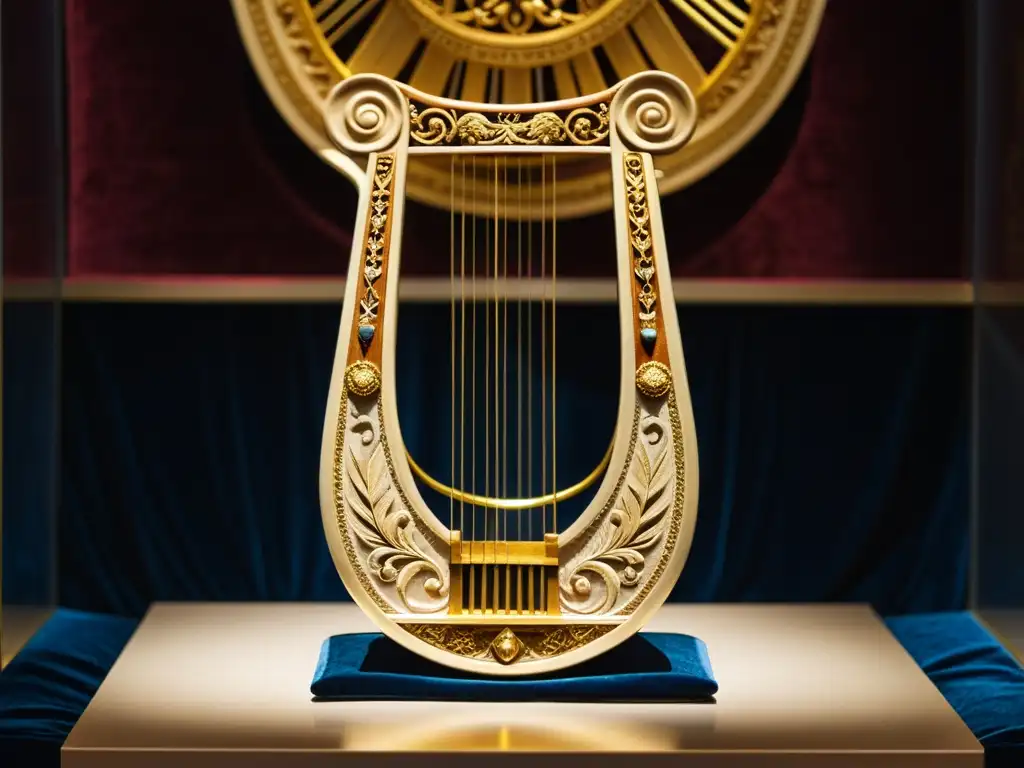 Detalle del antiguo lyre griego, tallado con oro y marfil, reposando en un cojín de terciopelo en un museo