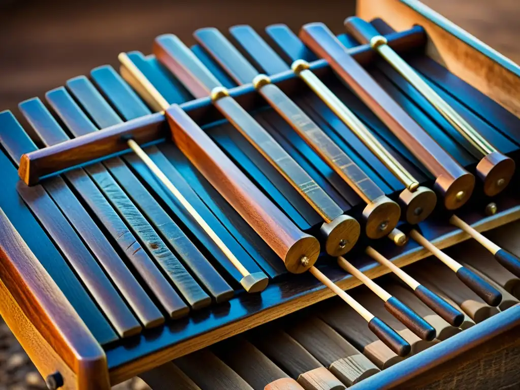 Detalle de xylophone antiguo de madera, con marcas de uso y carvings intrincados